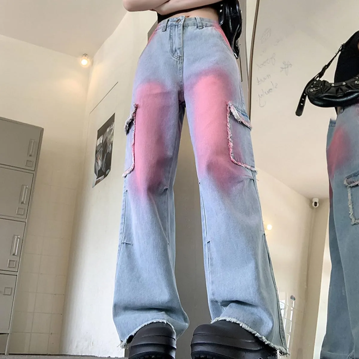 Womens Jeans Fashion Y2K Vintage Casual Low Waist Baggy Wide Leg Pink Tie-Dye Gradient Straight Denim Pants