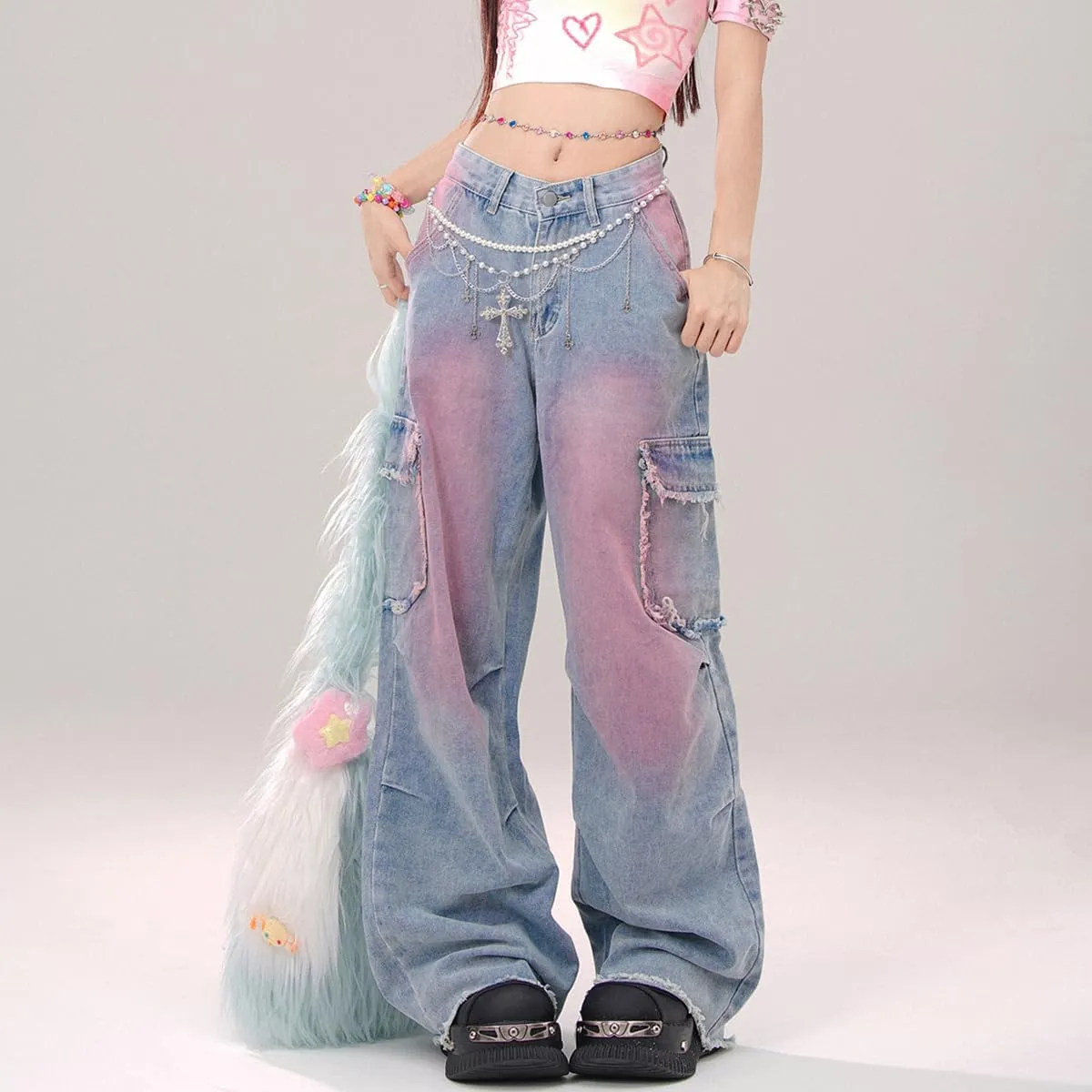 Womens Jeans Fashion Y2K Vintage Casual Low Waist Baggy Wide Leg Pink Tie-Dye Gradient Straight Denim Pants