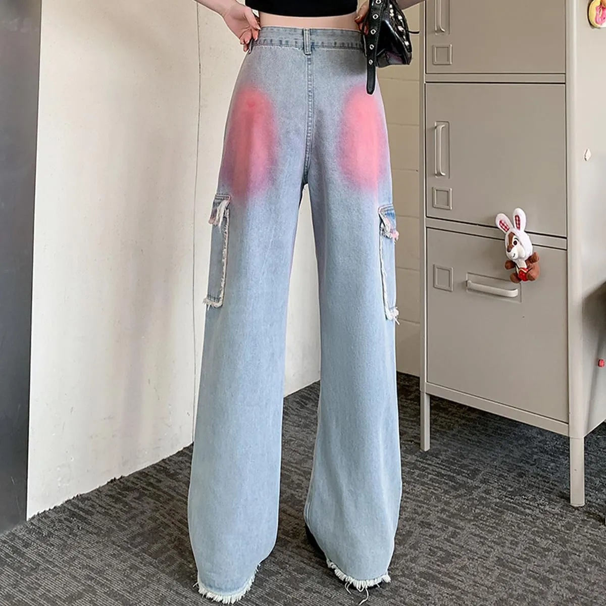 Womens Jeans Fashion Y2K Vintage Casual Low Waist Baggy Wide Leg Pink Tie-Dye Gradient Straight Denim Pants