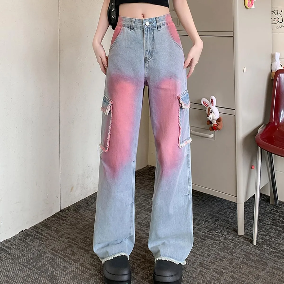 Womens Jeans Fashion Y2K Vintage Casual Low Waist Baggy Wide Leg Pink Tie-Dye Gradient Straight Denim Pants