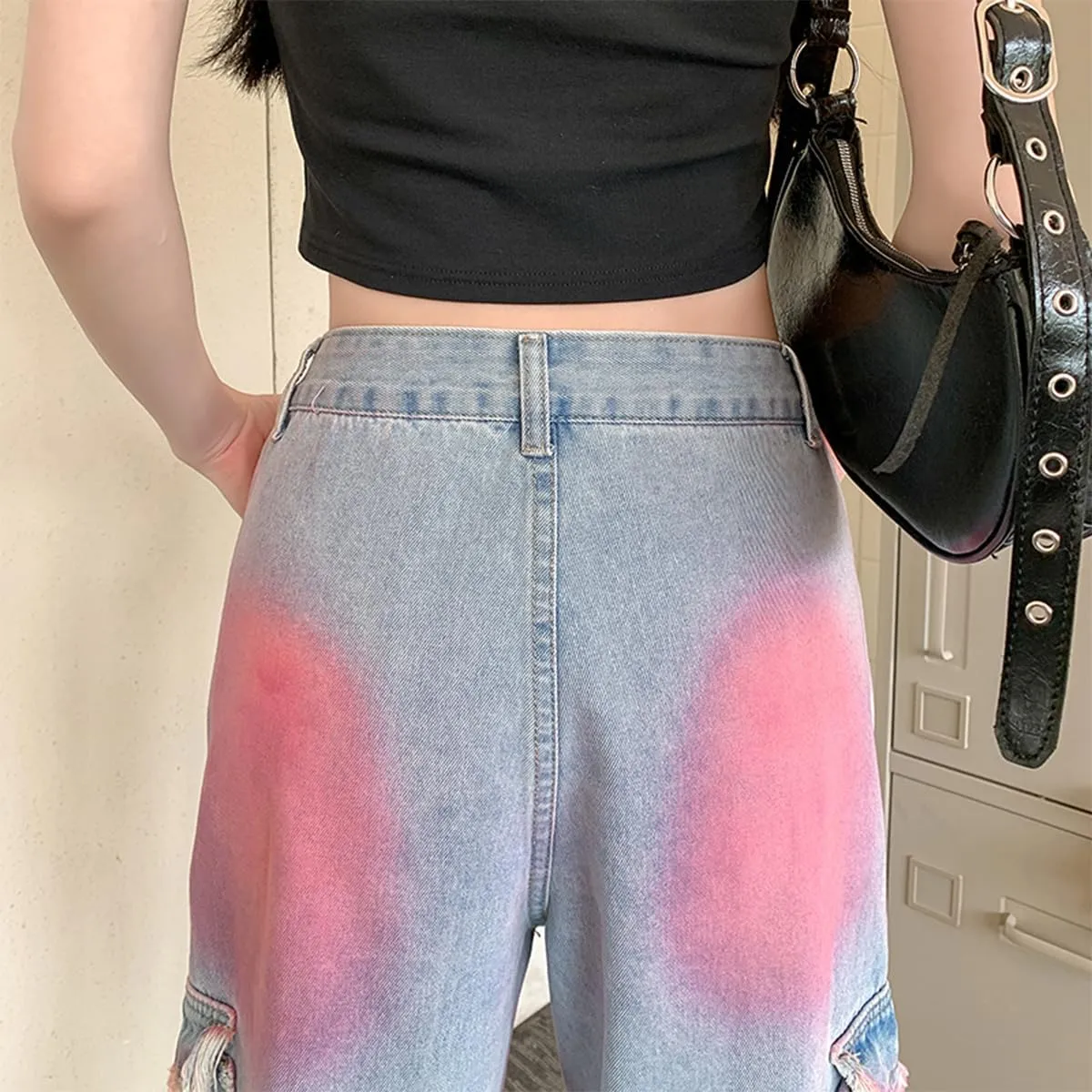 Womens Jeans Fashion Y2K Vintage Casual Low Waist Baggy Wide Leg Pink Tie-Dye Gradient Straight Denim Pants