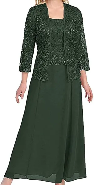 Women's Lace Mother of The Bride Dresses with Jacket 3/4 Sleeve Chiffon Long Formal Dresses Evening Gowns