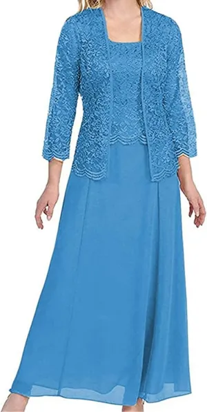 Women's Lace Mother of The Bride Dresses with Jacket 3/4 Sleeve Chiffon Long Formal Dresses Evening Gowns