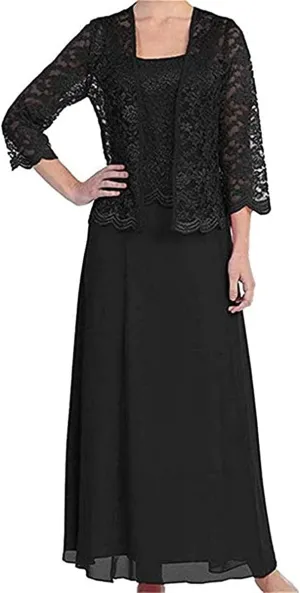 Women's Lace Mother of The Bride Dresses with Jacket 3/4 Sleeve Chiffon Long Formal Dresses Evening Gowns