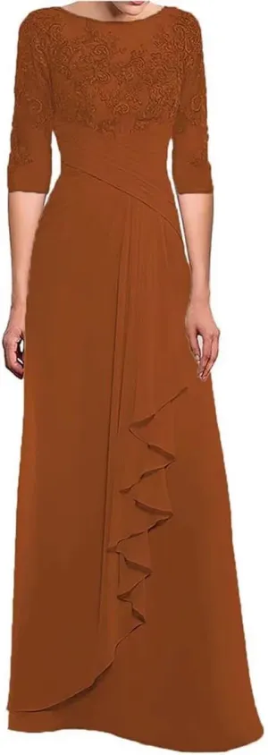 Women's Laces Appliques Mother of The Bride Dresses with Sleeves Long Chiffon Wedding Guest Dresses