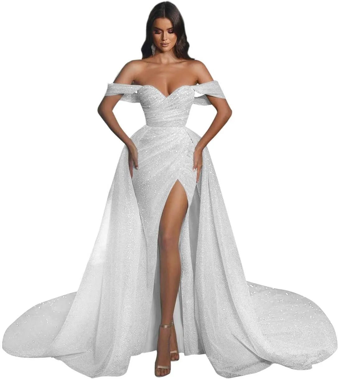 Women's Off The Shoulder Prom Dresses Long Ball Gown with Tran Sparkly Sequins Mermaid Formal Evening Gown