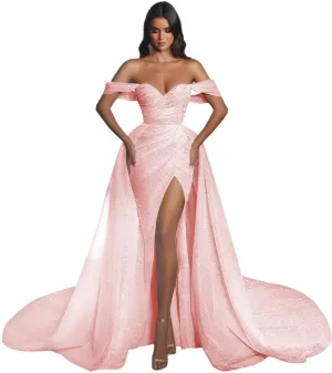 Women's Off The Shoulder Prom Dresses Long Ball Gown with Tran Sparkly Sequins Mermaid Formal Evening Gown