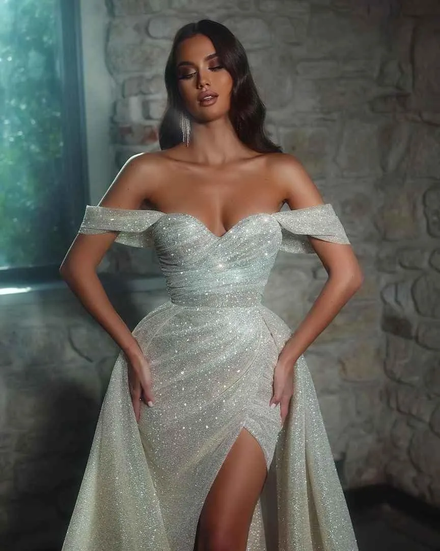 Women's Off The Shoulder Prom Dresses Long Ball Gown with Tran Sparkly Sequins Mermaid Formal Evening Gown