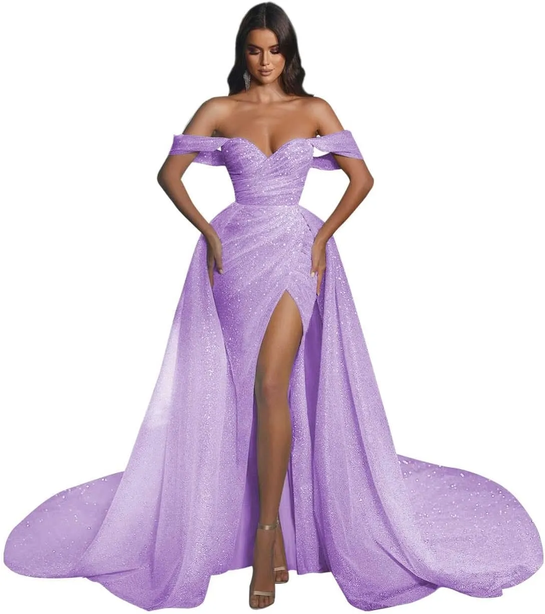 Women's Off The Shoulder Prom Dresses Long Ball Gown with Tran Sparkly Sequins Mermaid Formal Evening Gown