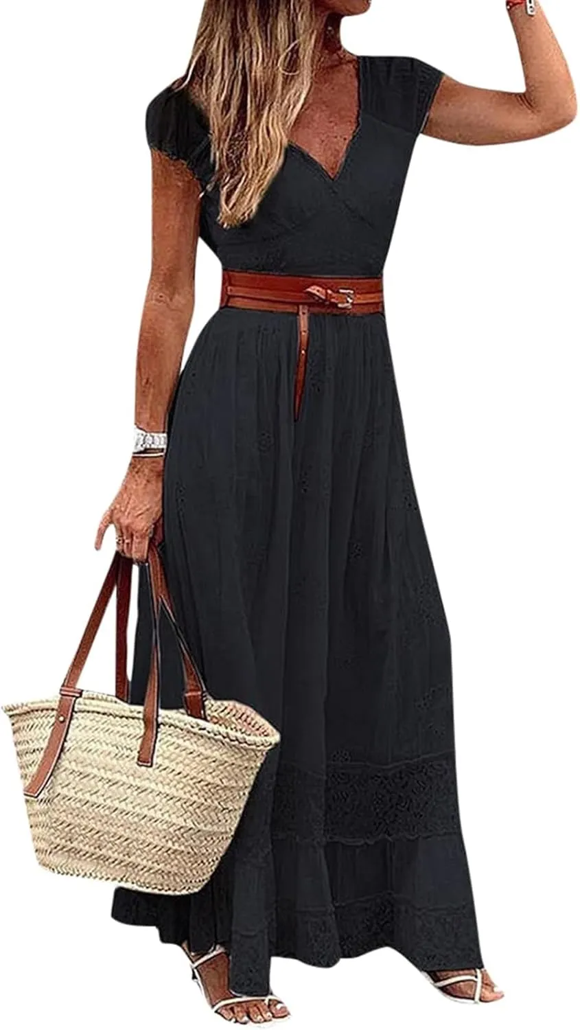 Women's Solid Color Long Maxi Dress with Belt Elegant Lace Trimmed Evening Gown Sequin Dress Party