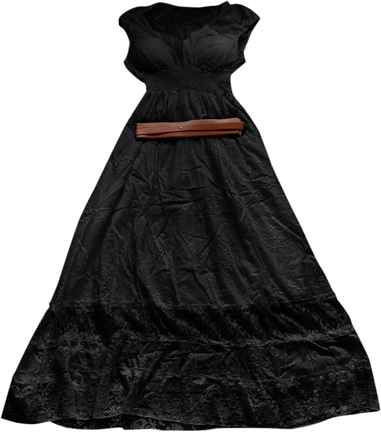 Women's Solid Color Long Maxi Dress with Belt Elegant Lace Trimmed Evening Gown Sequin Dress Party