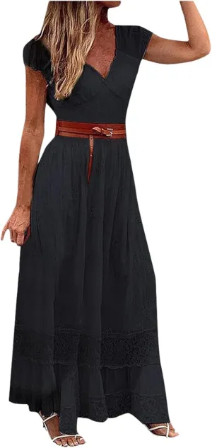 Women's Solid Color Long Maxi Dress with Belt Elegant Lace Trimmed Evening Gown Sequin Dress Party
