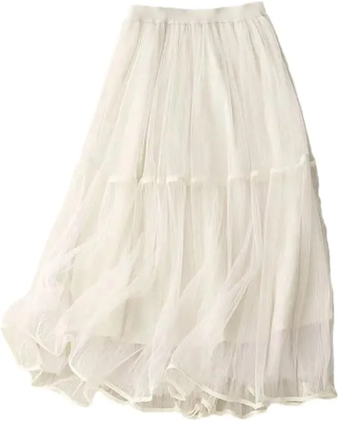 Women's Solid Color Pleated Skirt Female Midi Long Casual All-Match A-Line Skirts