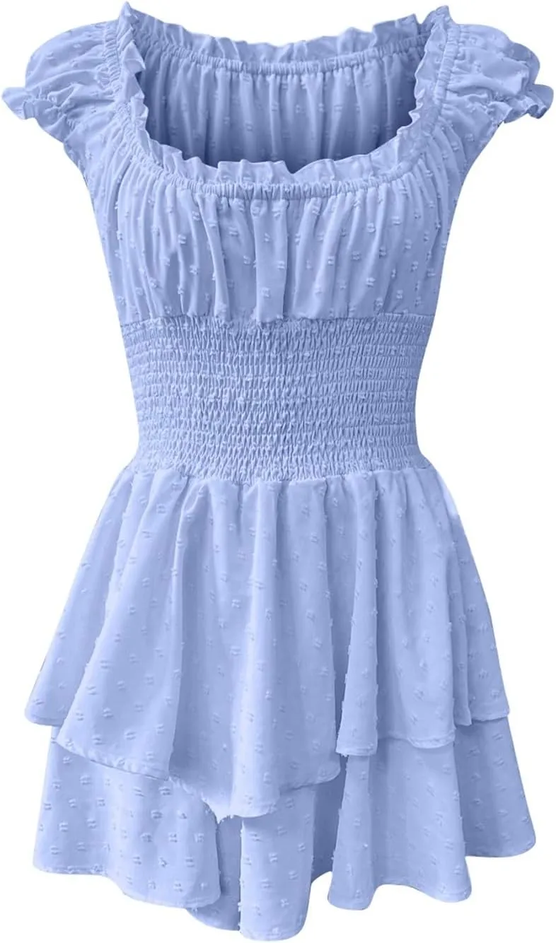 Women's Square Neck Off Shoulder Dress Ruffle Wrap Mini Dress Flounce Short Sleeve A Line Flowy Dress