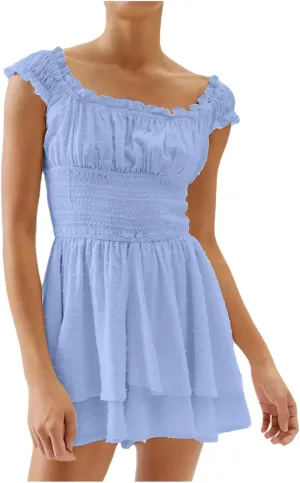 Women's Square Neck Off Shoulder Dress Ruffle Wrap Mini Dress Flounce Short Sleeve A Line Flowy Dress