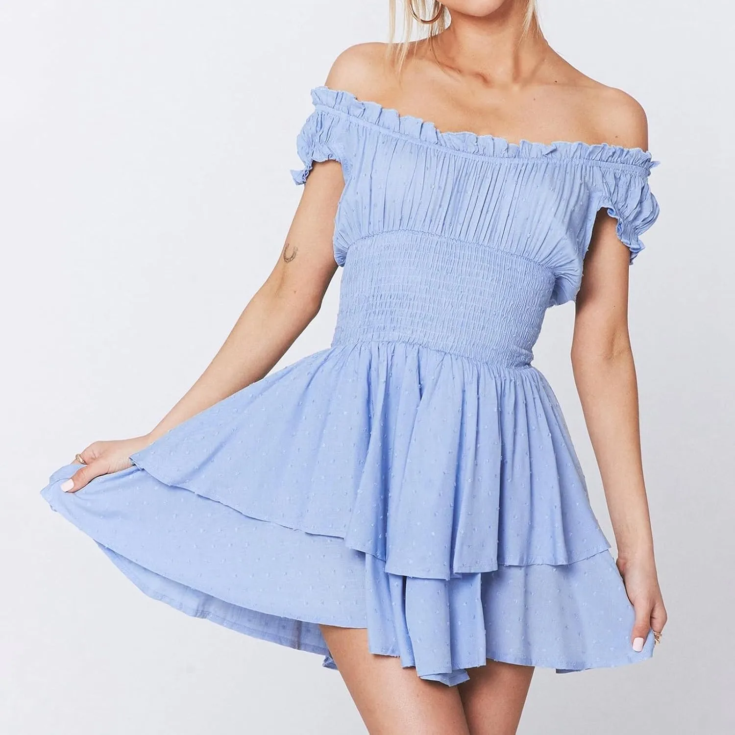 Women's Square Neck Off Shoulder Dress Ruffle Wrap Mini Dress Flounce Short Sleeve A Line Flowy Dress