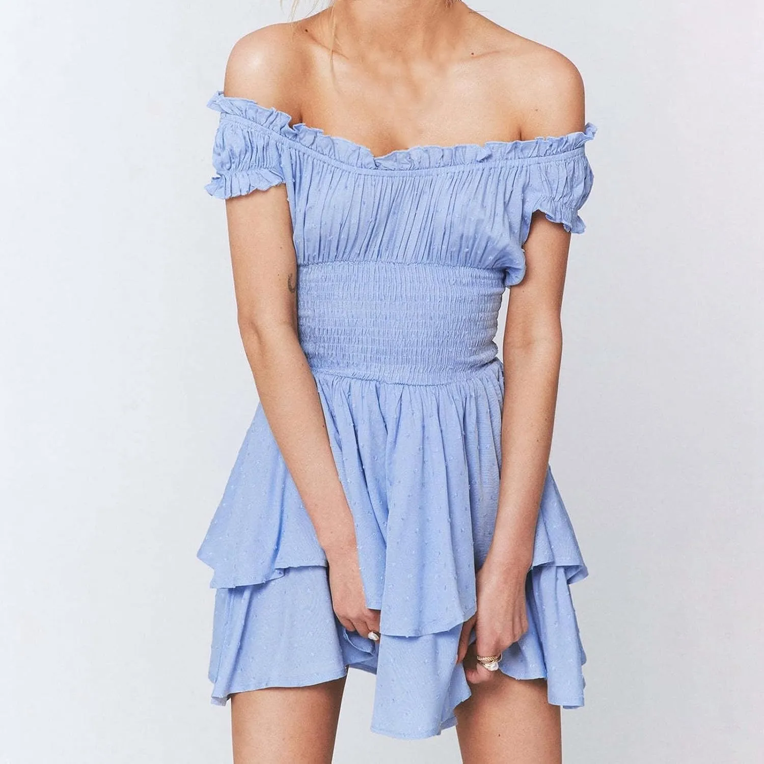 Women's Square Neck Off Shoulder Dress Ruffle Wrap Mini Dress Flounce Short Sleeve A Line Flowy Dress