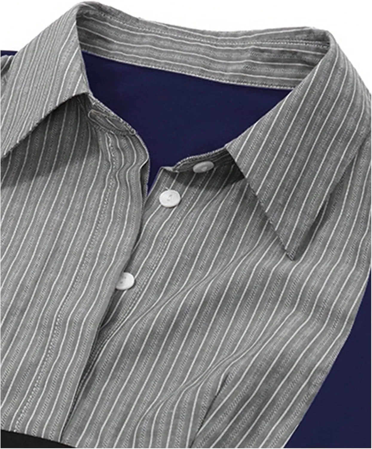 Women's Striped Button Front Collared Blouse Shirts Long Sleeve Slim Fit Asymmetrical Hem Work Tops