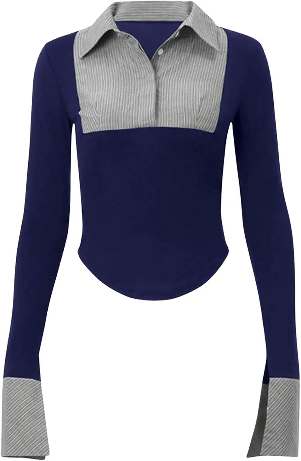 Women's Striped Button Front Collared Blouse Shirts Long Sleeve Slim Fit Asymmetrical Hem Work Tops