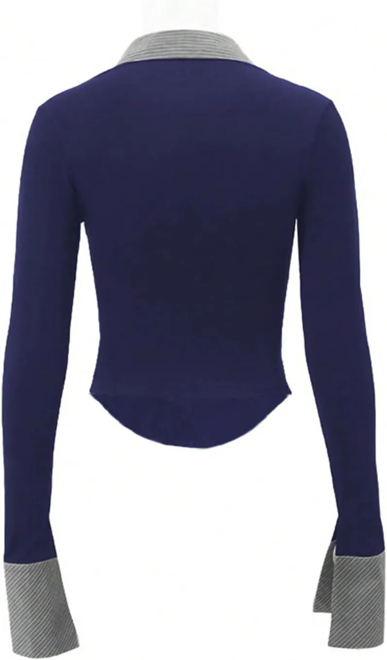 Women's Striped Button Front Collared Blouse Shirts Long Sleeve Slim Fit Asymmetrical Hem Work Tops