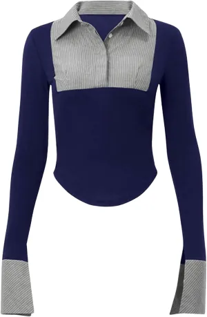 Women's Striped Button Front Collared Blouse Shirts Long Sleeve Slim Fit Asymmetrical Hem Work Tops