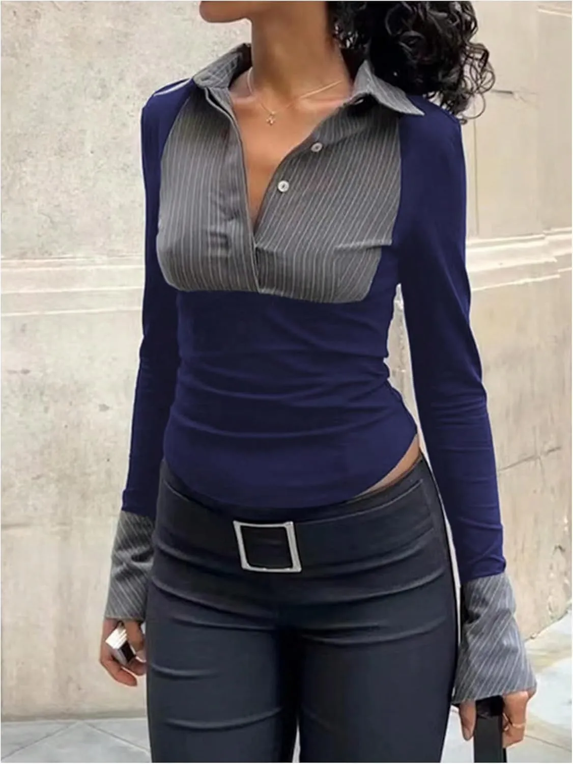 Women's Striped Button Front Collared Blouse Shirts Long Sleeve Slim Fit Asymmetrical Hem Work Tops