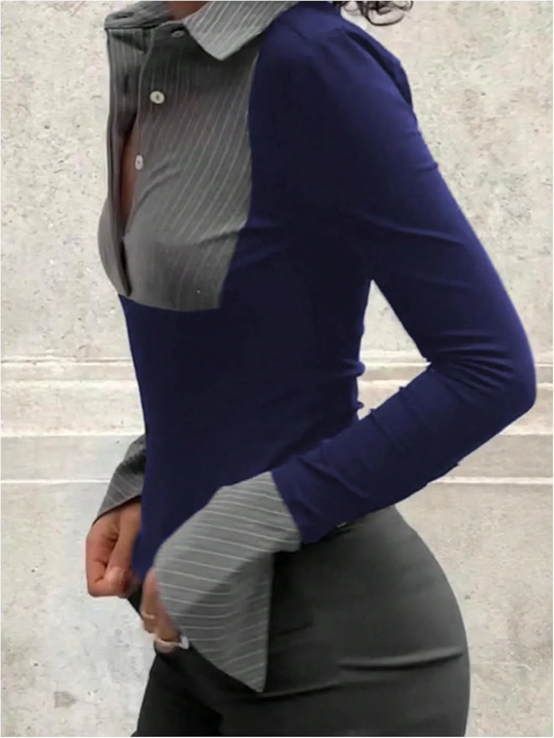 Women's Striped Button Front Collared Blouse Shirts Long Sleeve Slim Fit Asymmetrical Hem Work Tops