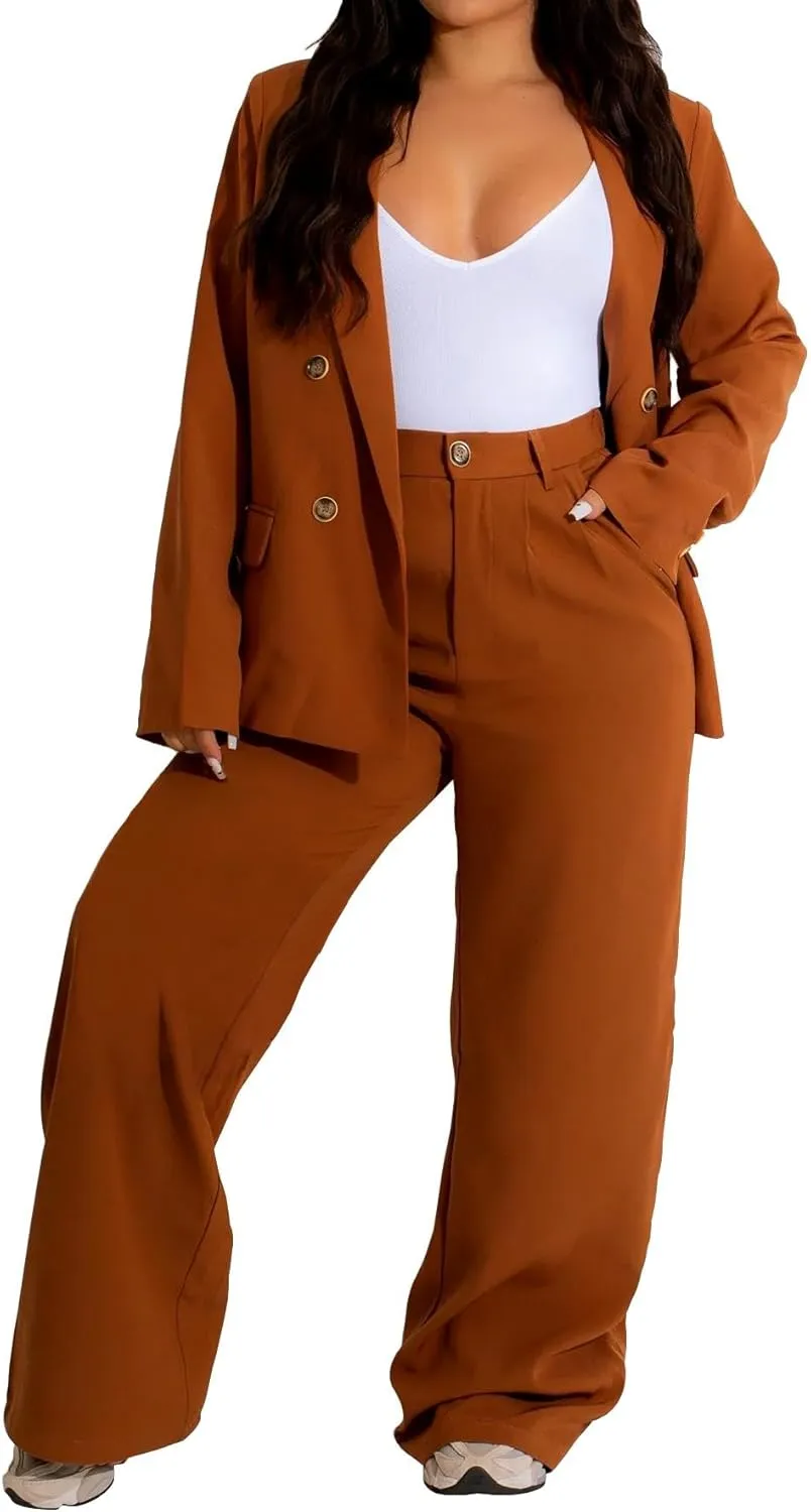 Women's Two Piece Outfits Casual Blazer Jacket Wide Leg Work Pants Business Suit Sets with Pocket