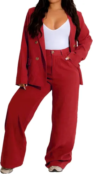 Women's Two Piece Outfits Casual Blazer Jacket Wide Leg Work Pants Business Suit Sets with Pocket