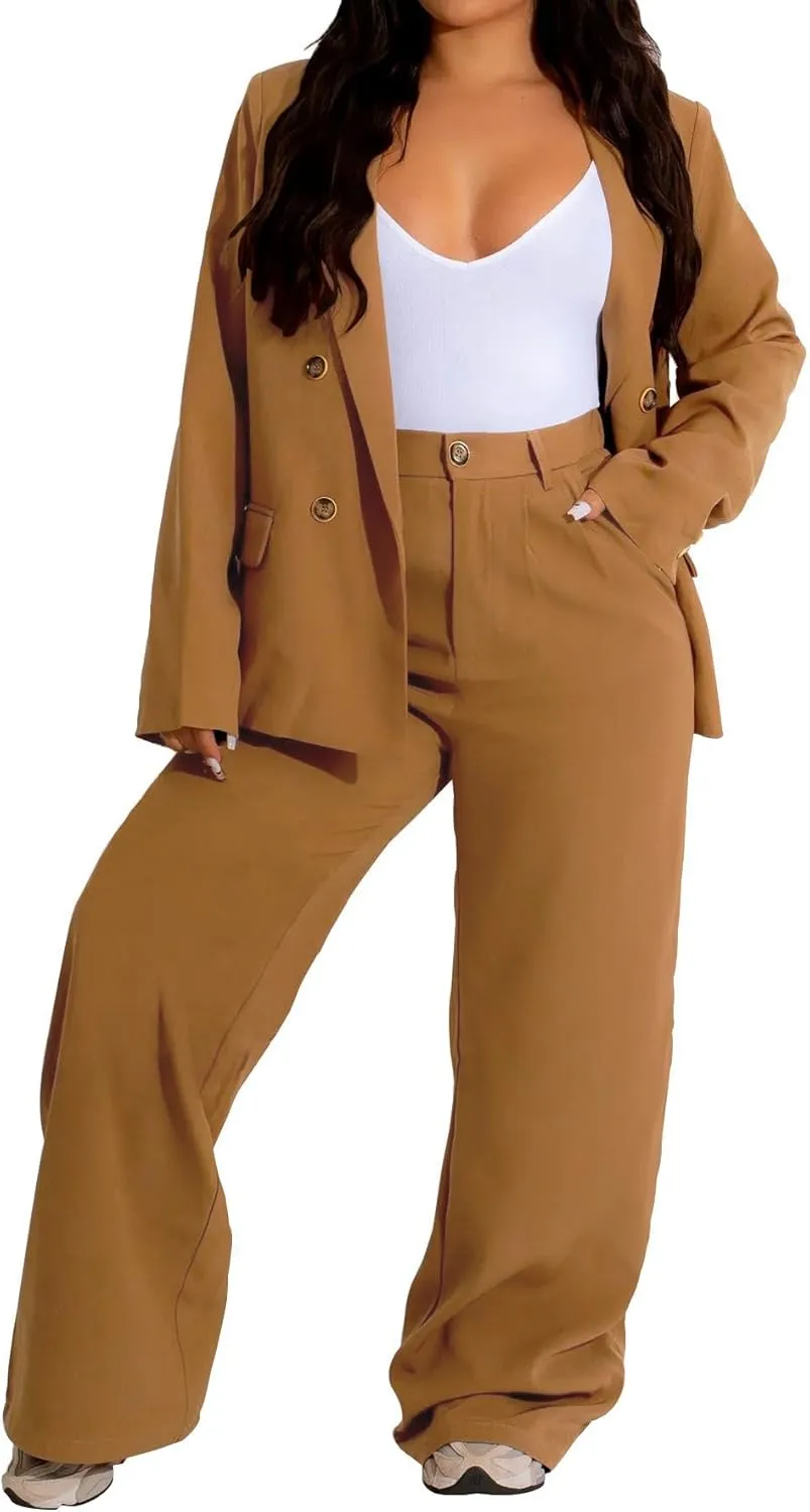 Women's Two Piece Outfits Casual Blazer Jacket Wide Leg Work Pants Business Suit Sets with Pocket