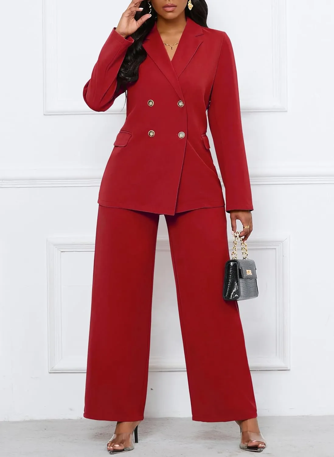 Women's Two Piece Outfits Casual Blazer Jacket Wide Leg Work Pants Business Suit Sets with Pocket