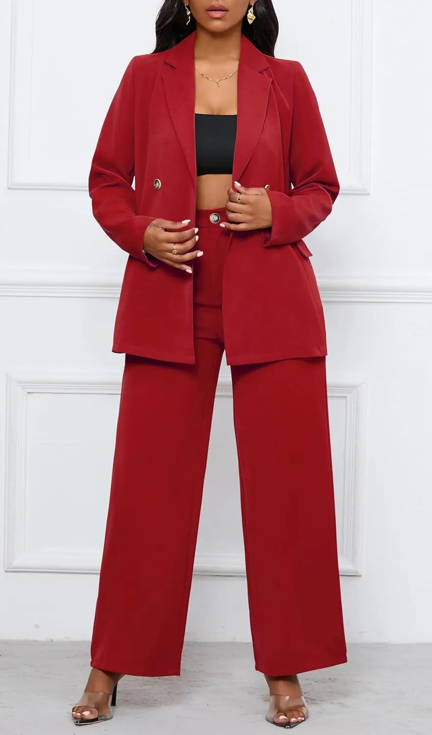 Women's Two Piece Outfits Casual Blazer Jacket Wide Leg Work Pants Business Suit Sets with Pocket