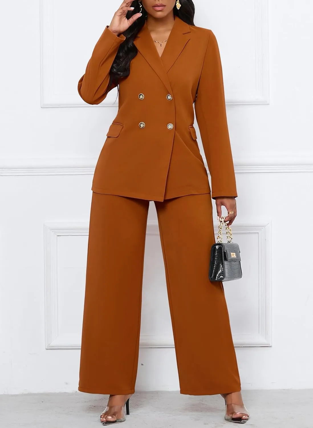 Women's Two Piece Outfits Casual Blazer Jacket Wide Leg Work Pants Business Suit Sets with Pocket