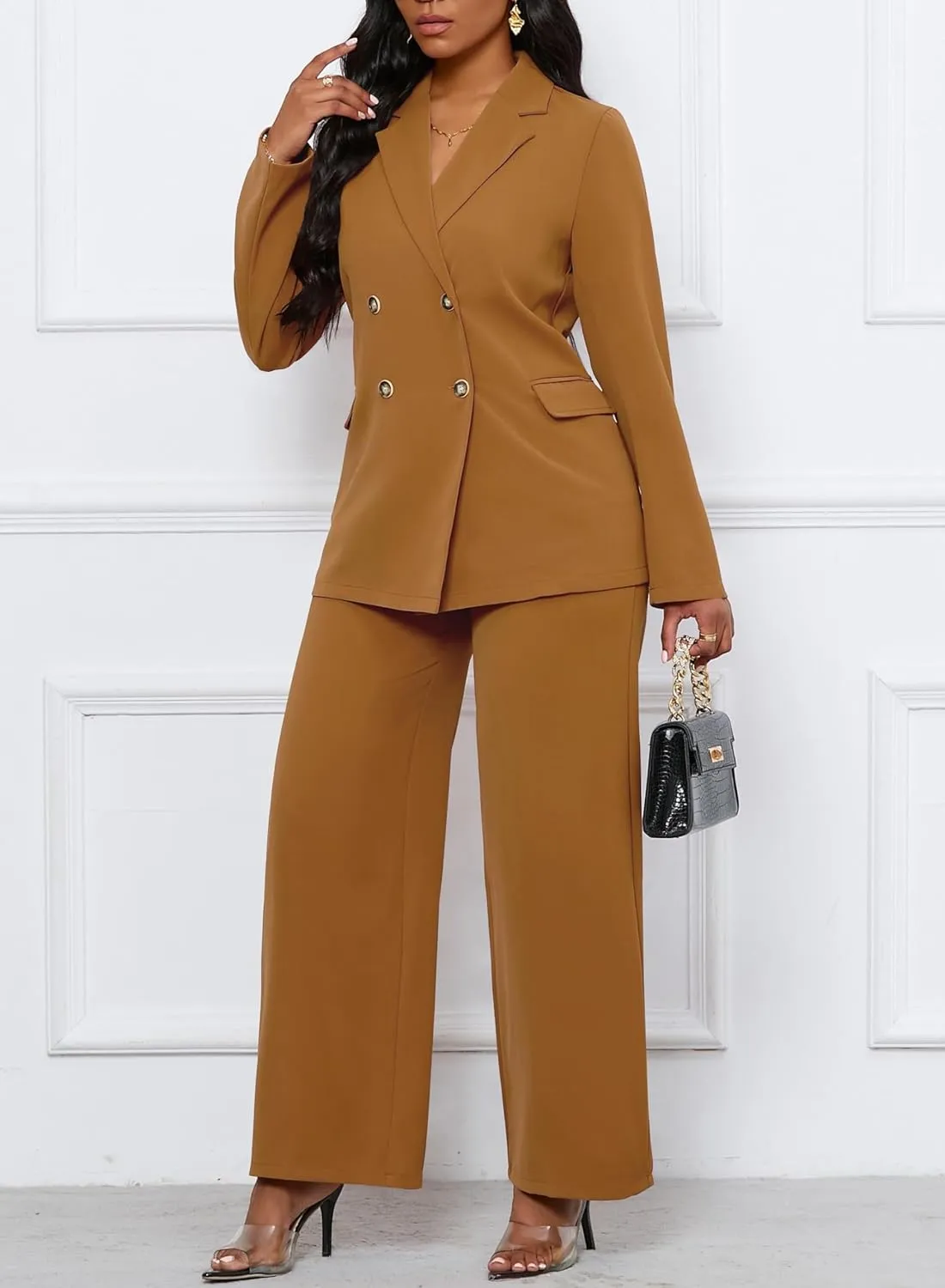 Women's Two Piece Outfits Casual Blazer Jacket Wide Leg Work Pants Business Suit Sets with Pocket
