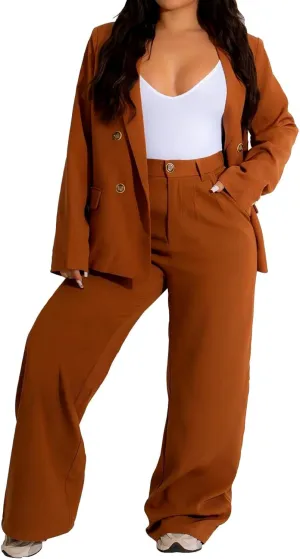 Women's Two Piece Outfits Casual Blazer Jacket Wide Leg Work Pants Business Suit Sets with Pocket