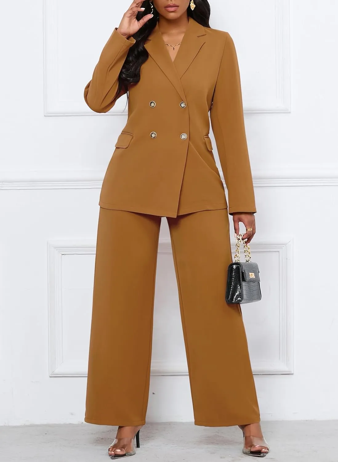 Women's Two Piece Outfits Casual Blazer Jacket Wide Leg Work Pants Business Suit Sets with Pocket