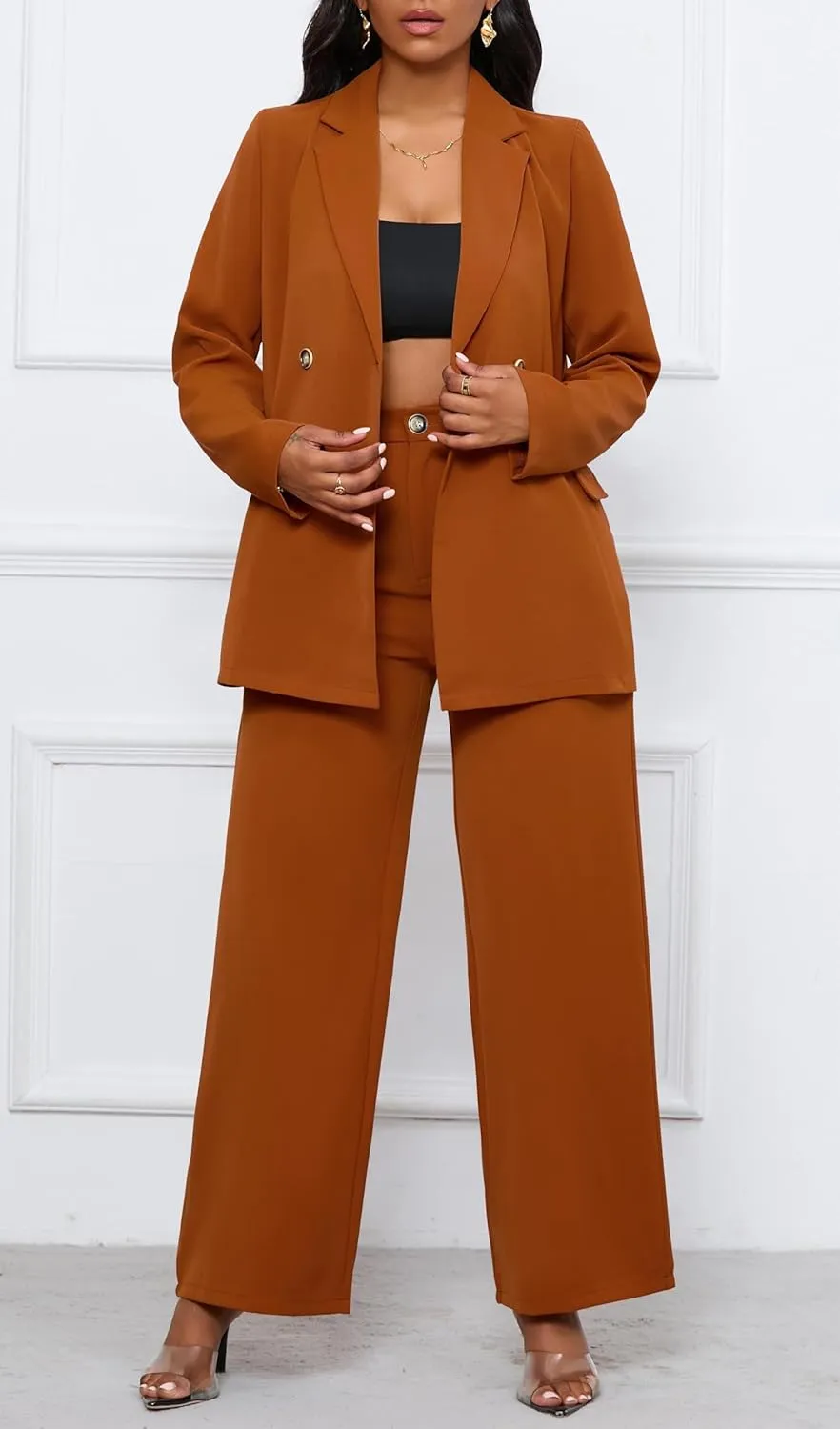 Women's Two Piece Outfits Casual Blazer Jacket Wide Leg Work Pants Business Suit Sets with Pocket
