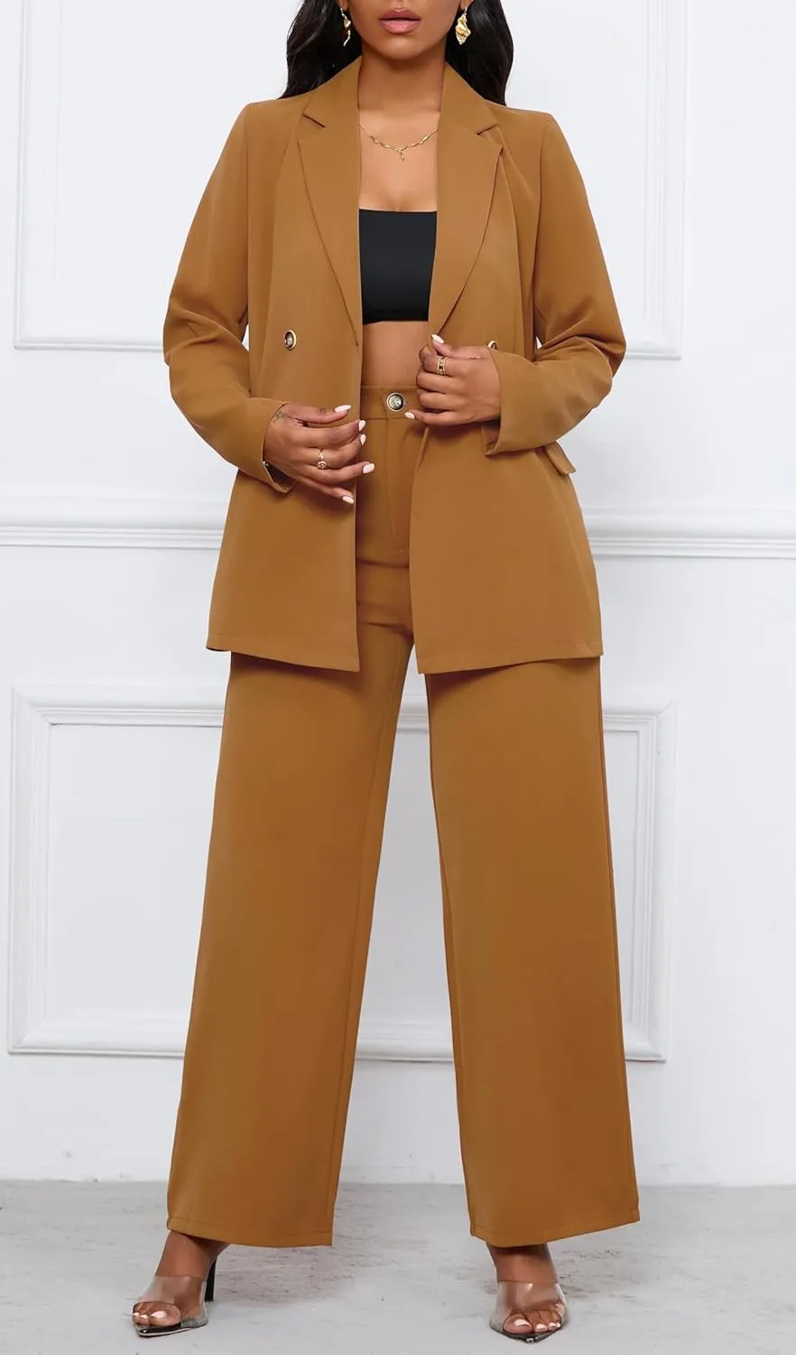 Women's Two Piece Outfits Casual Blazer Jacket Wide Leg Work Pants Business Suit Sets with Pocket