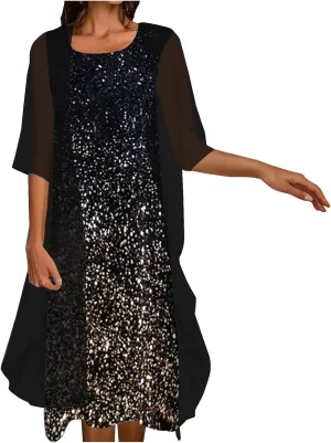 Womens Two-Piece Set Summer Casual Loose Midi Dress with Cardigan Chiffon Sleeveless Plus Size Wedding Guest Dresses