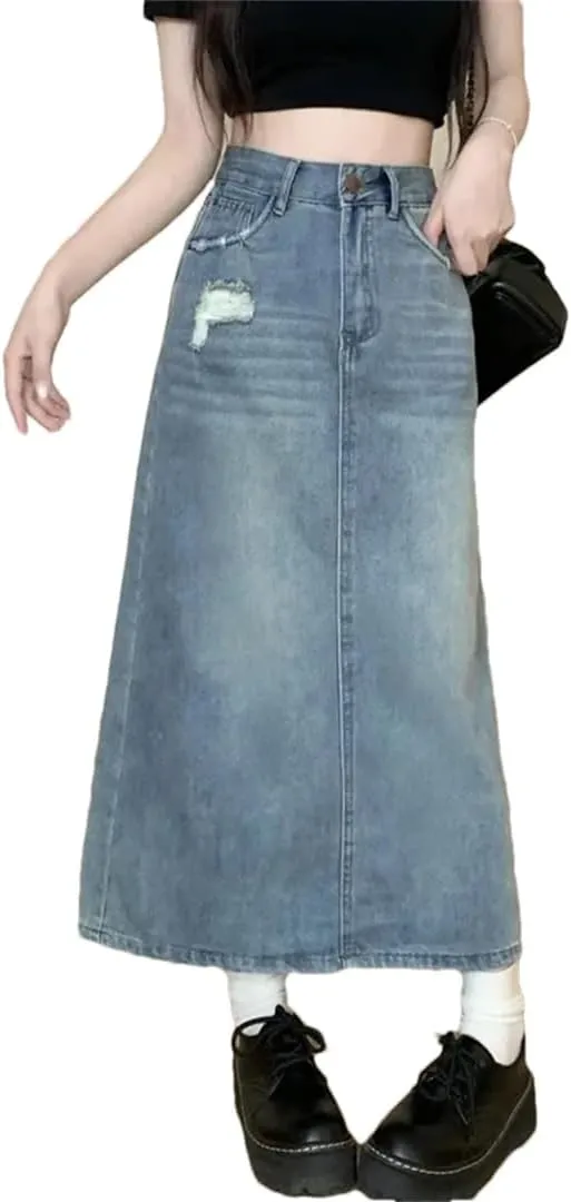 Women's Vintage Distressed High-Waisted Slimming Denim Side Slit Semi Circular Skirt