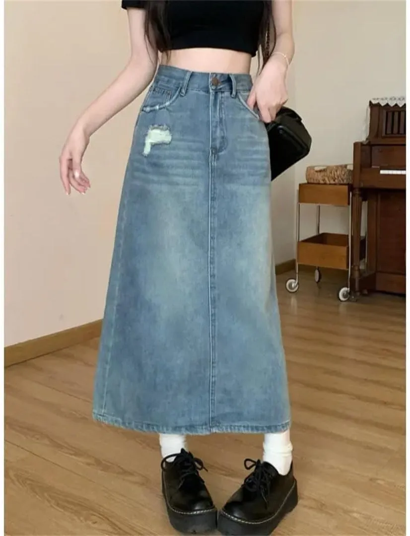 Women's Vintage Distressed High-Waisted Slimming Denim Side Slit Semi Circular Skirt