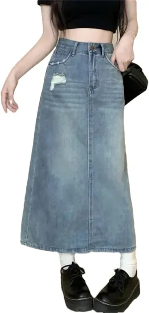 Women's Vintage Distressed High-Waisted Slimming Denim Side Slit Semi Circular Skirt