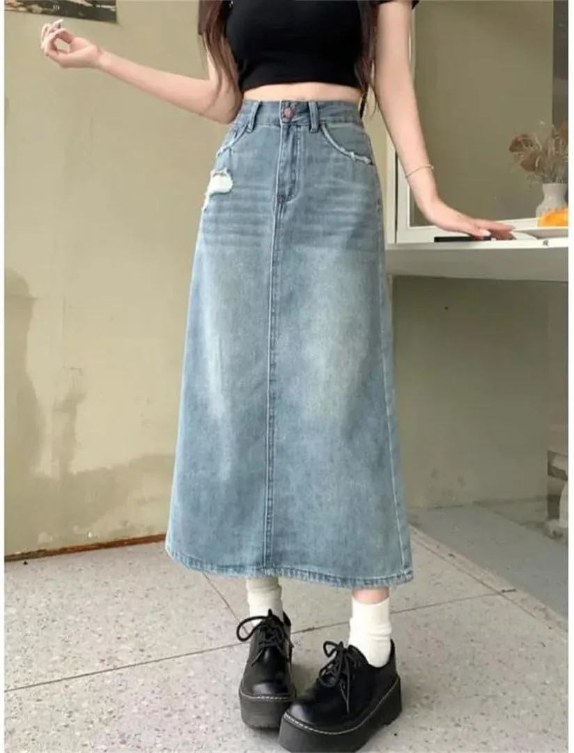 Women's Vintage Distressed High-Waisted Slimming Denim Side Slit Semi Circular Skirt