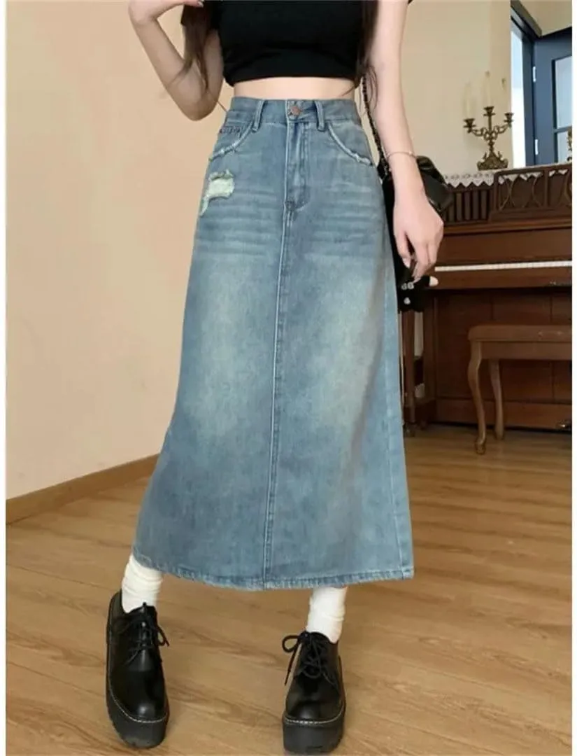 Women's Vintage Distressed High-Waisted Slimming Denim Side Slit Semi Circular Skirt