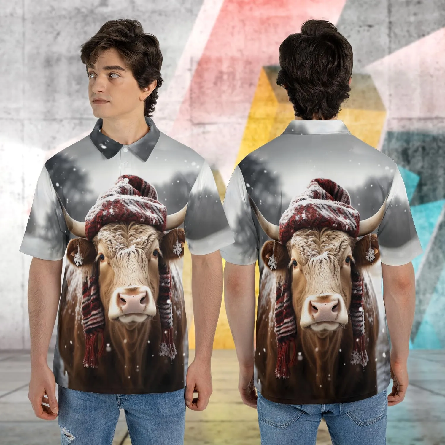 Xmas Cow Polo Shirts for Men - Galaxy Cat Mens Quick Dry Short Sleeve Polo Shirts Series 17