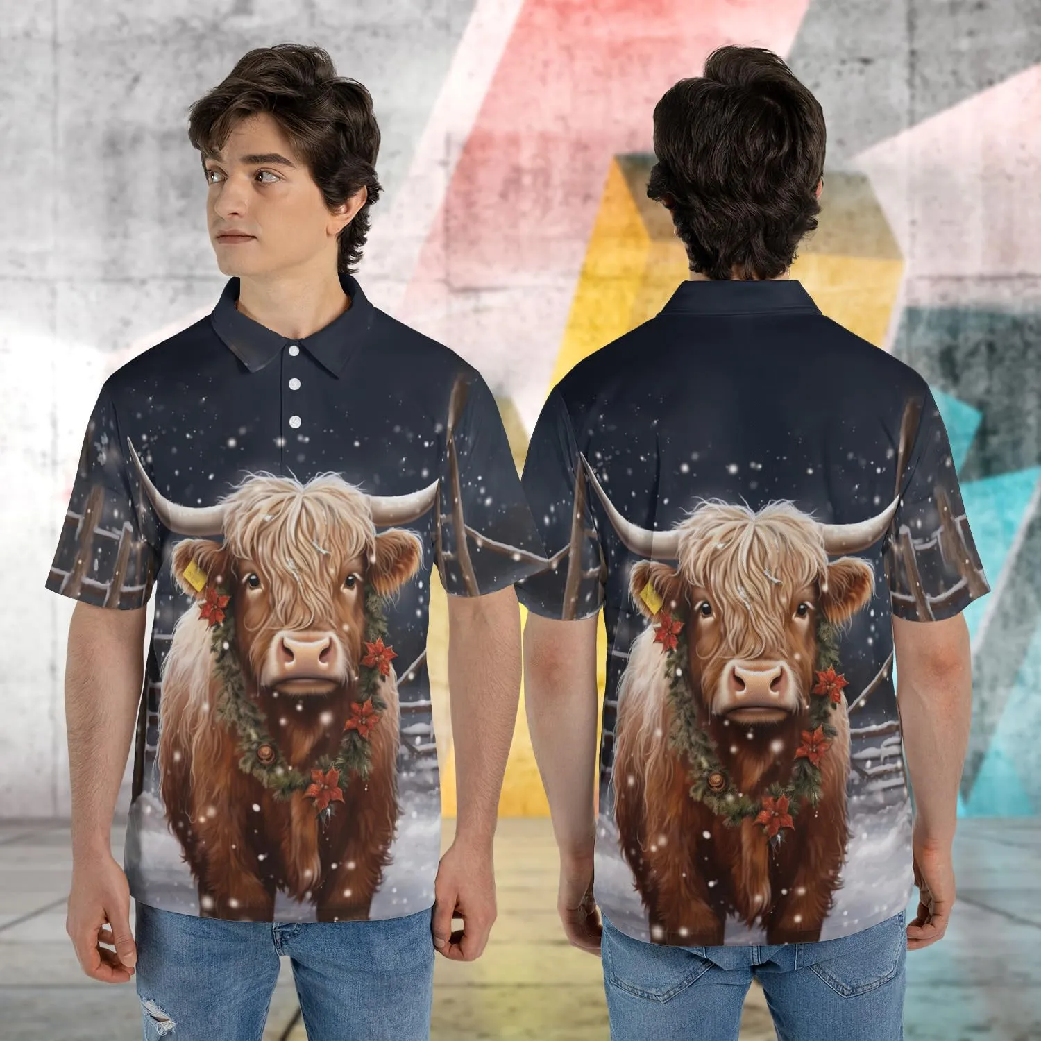 Xmas Cow Polo Shirts for Men - Galaxy Cat Mens Quick Dry Short Sleeve Polo Shirts Series 29