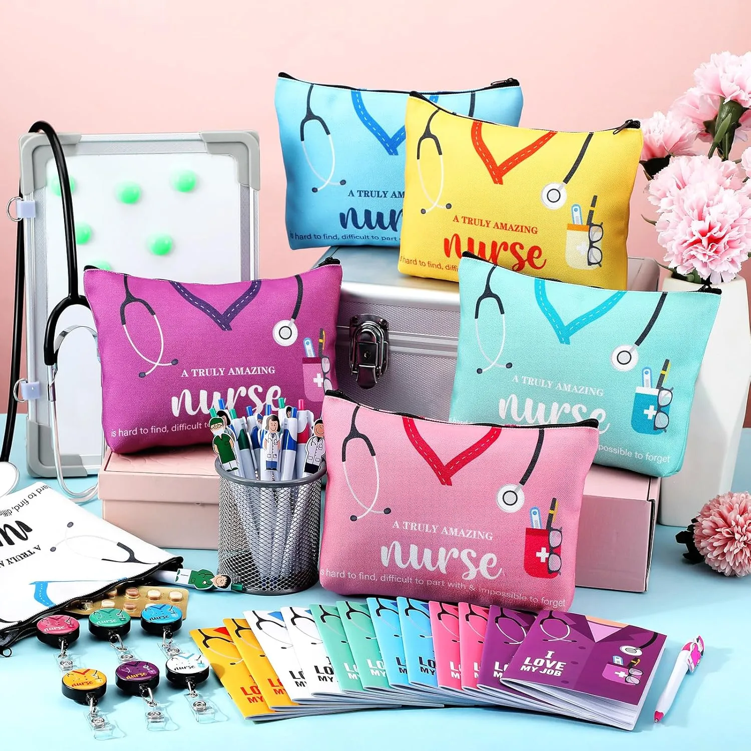Yeaqee 48 Pcs Nurse Week Gifts 2025 Nurse Appreciation Gifts Set Include Makeup Cosmetic Bag Pocket Journal Notebooks Ballpoint Pens Badge Reel for Nursing Students Supplies(Multicolor,Stethoscope)