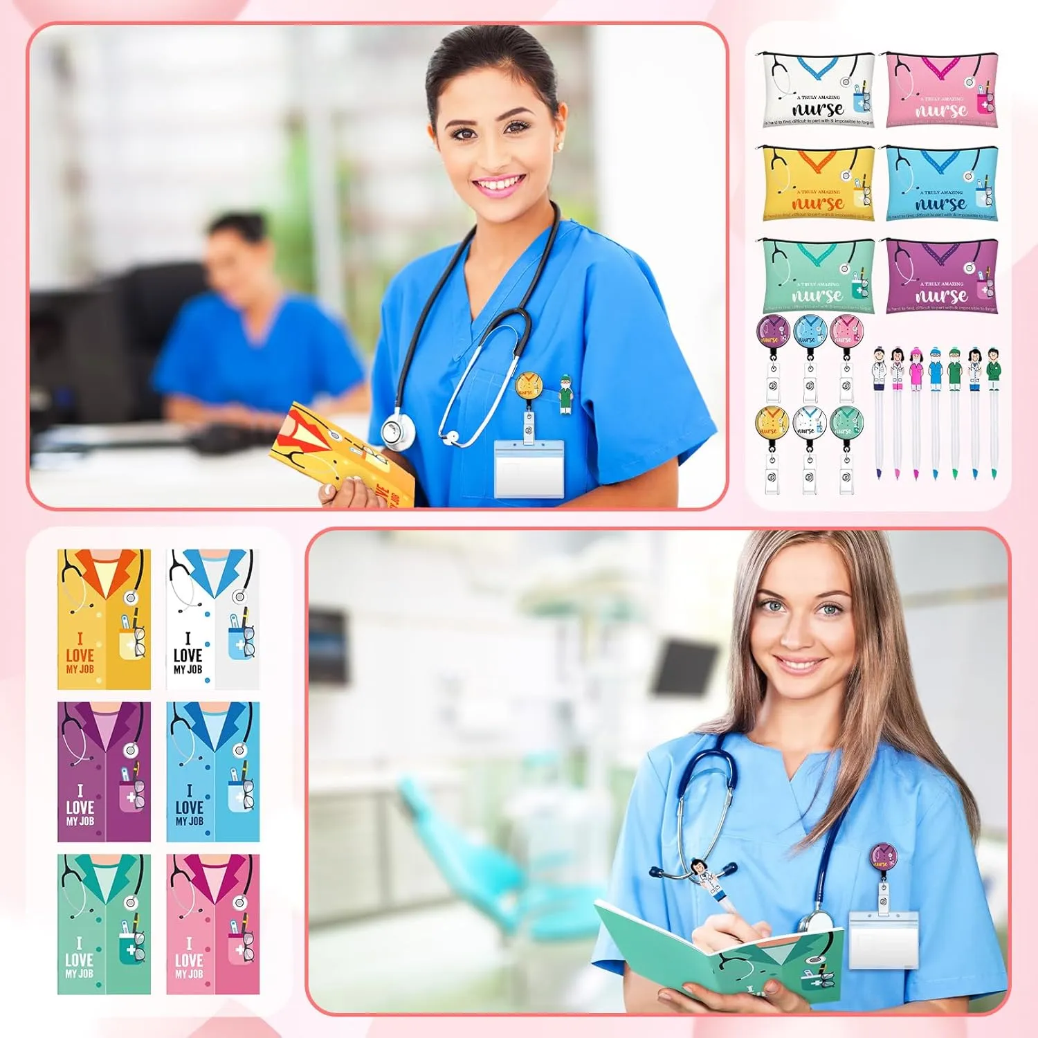 Yeaqee 48 Pcs Nurse Week Gifts 2025 Nurse Appreciation Gifts Set Include Makeup Cosmetic Bag Pocket Journal Notebooks Ballpoint Pens Badge Reel for Nursing Students Supplies(Multicolor,Stethoscope)