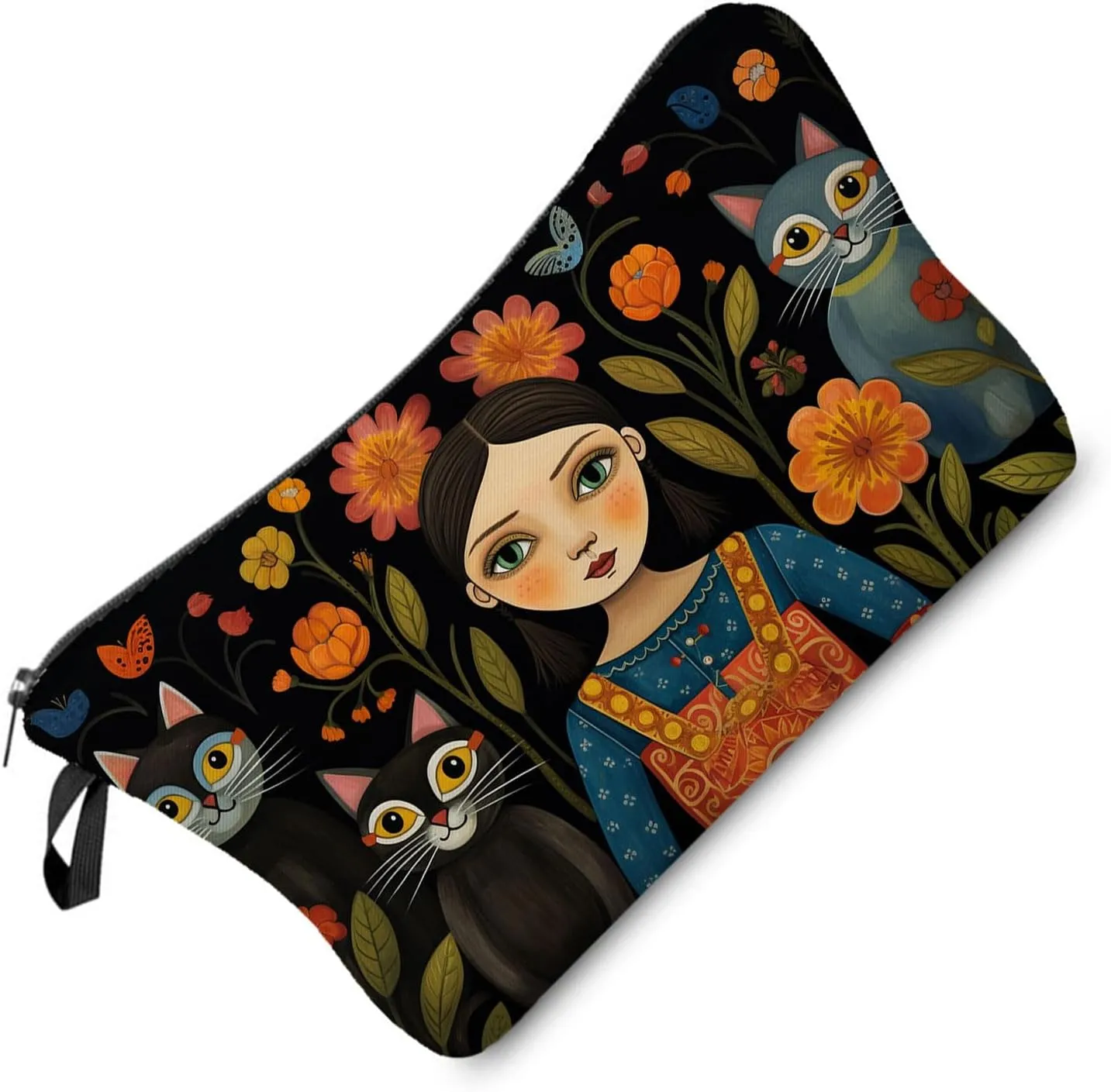 Young Lady with Cats Makeup Bag Folk Art Painting Small Cute Organizer Bag Zipper Pouch Young Lady with Cats Print Cosmetic Bag Present for Women Friends Cat Lovers