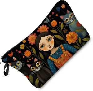 Young Lady with Cats Makeup Bag Folk Art Painting Small Cute Organizer Bag Zipper Pouch Young Lady with Cats Print Cosmetic Bag Present for Women Friends Cat Lovers